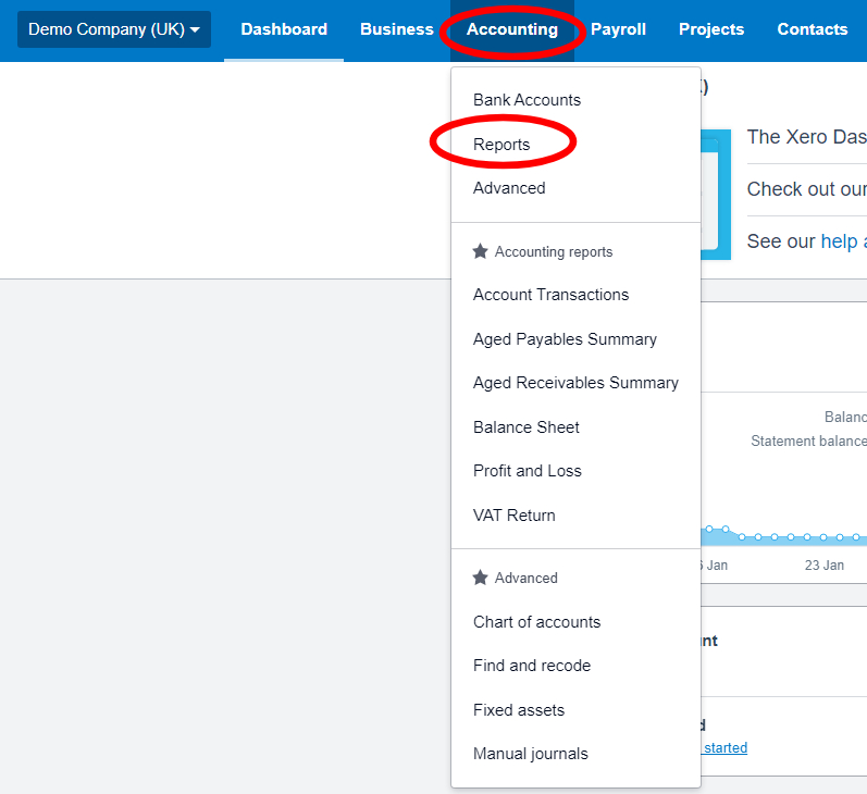 Step one: Xero interface, click Accounting then Reports.