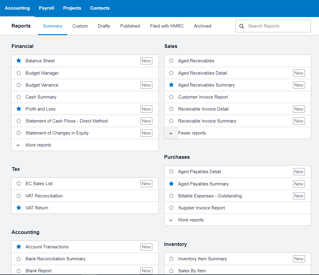 Xero INterface, showing the Reports page.